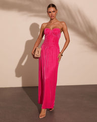 Moonlit Riviera Pleated Satin Corset Maxi Dress