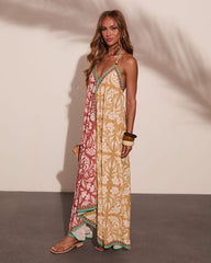 Perta Abstract Color Block Halter Neck Maxi Dress