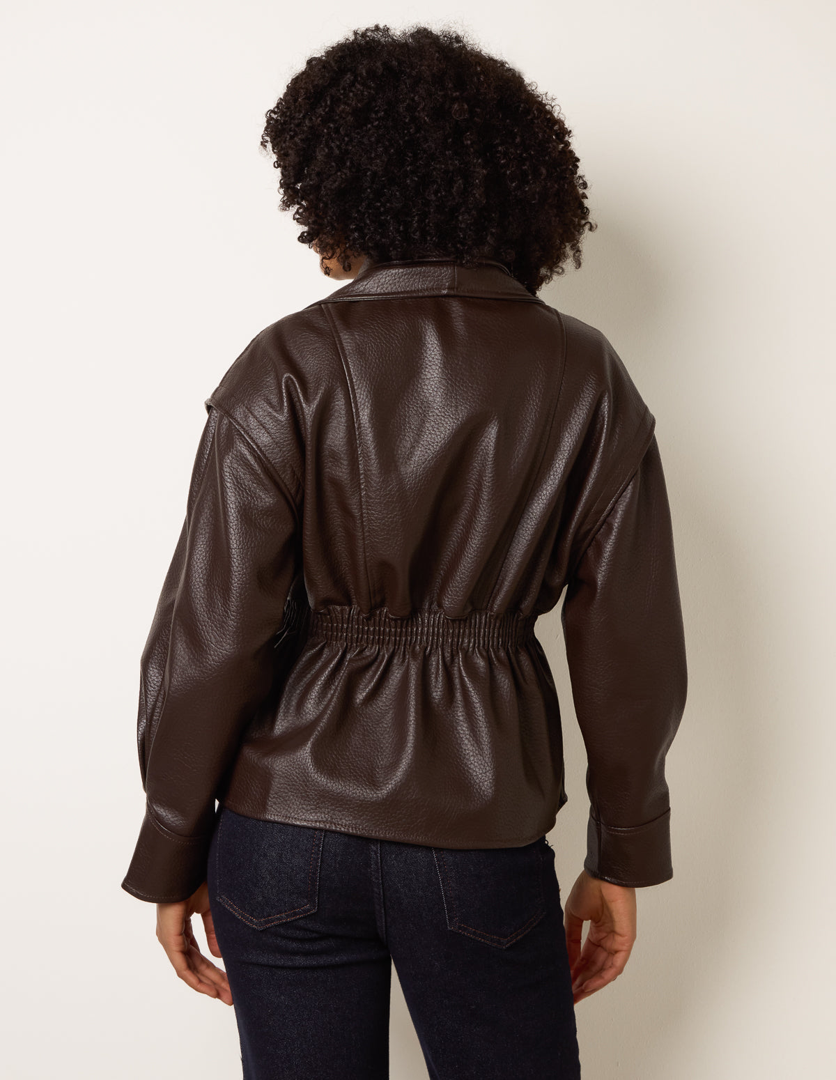 Collared Shirred Waist Faux Leather Jacket