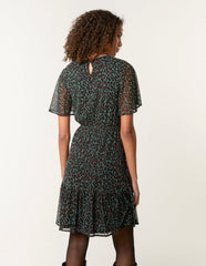 Leopard Print Mesh Crew Neck Mini Dress