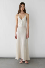 EMBROIDERED LACE SATIN SLIP DRESS