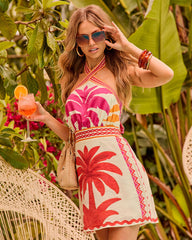 Izela Tropical Palm Halter Neck Mini Dress