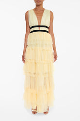 true Decadence Eliza Pale Yellow Plunging Neck Layered Tulle Skirt Maxi-Dress