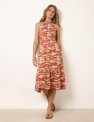 Blurred Tiered Halter Neck Midi Dress