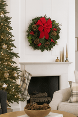 christmas wreath with redbow and berries on a wall above a fireplace