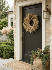 H Potter Golden prairie dried wreath on brown front entryway door