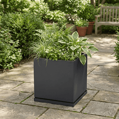 h potter Willow 17 square gray metal planter on stone patio with greenery