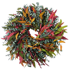 h potter brand autumn-themed artificial wreath featuring a mix of red, orange, yellow, and green leaves with silver eucalyptus stems, isolated on a white background.