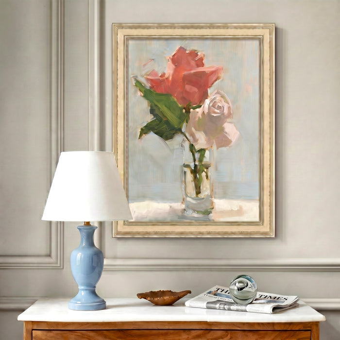 painting of flower above console table with lamp and newspaper