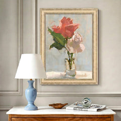 painting of flower above console table with lamp and newspaper