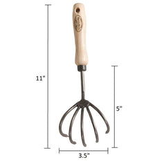 H Potter × DeWit forged 5-tine cultivator on white background with measurements showing 11-inch length and 3.5-inch width
