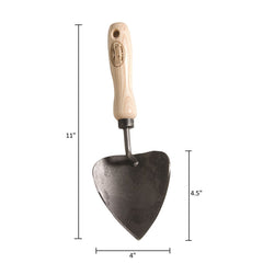 metal gardening trowel with wooden handle for potting on a white background with measurements