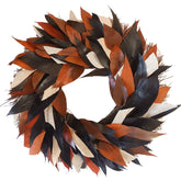 h potter brand decorative autumn leaf wreath made of layered leaves in black, rust orange, tan, and cream, isolated on a white background.