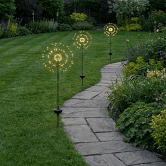 h potter solar sparkle stake lights set of 3 on a garden path