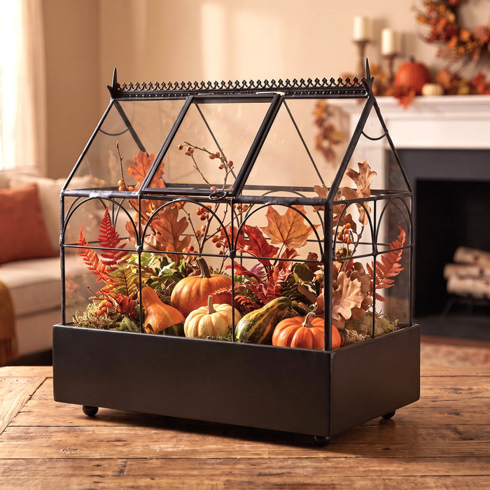 H Potter Classic Wardian Case glass terrarium styled with pumpkins and autumn foliage for fall home décor