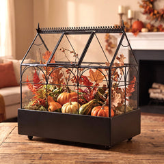 H Potter Classic Wardian Case glass terrarium styled with pumpkins and autumn foliage for fall home décor