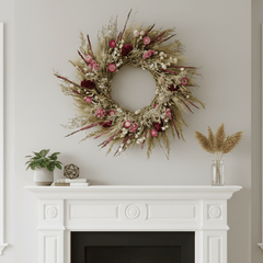 floral spring wreath with red and pink botanicals and greenery above a white mantel