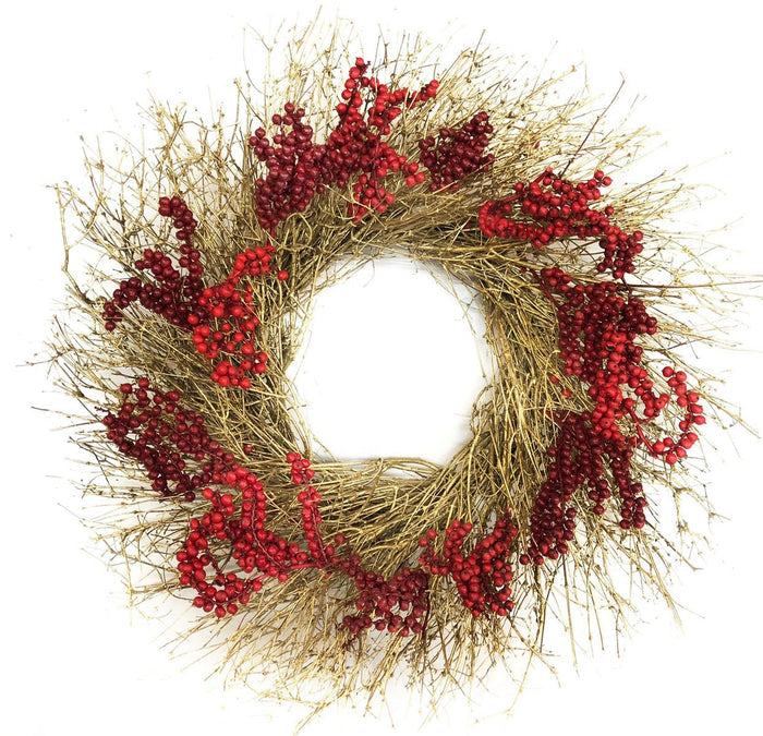 H Potter crimson gold rustic holiday wreath made of natural tan branches with clusters of bright red berries, photographed against a solid white background.
