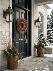 H Potter crimson gold wreath hangs on a black front door of a stone house, flanked by two copper planters with pinecones and greenery on a snowy porch.