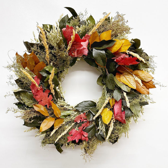 H Potter Preserved Rustling Fields Wreath preserved salal, red oak, sweet Annie, Avena oats, Saltese feather reed grass; indoor fall decor on white background