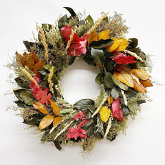 H Potter Preserved Rustling Fields Wreath preserved salal, red oak, sweet Annie, Avena oats, Saltese feather reed grass; indoor fall decor on white background