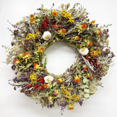 H Potter savory harvest autumn wreath—dried artemisia, oregano, baby eucalyptus, tansy, safflower, chili peppers; indoor fall décor on white background