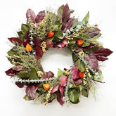 H Potter Twilight Harvest wreath—preserved burgundy salal, sweet Annie, eucalyptus, canella berries, Chinese lanterns.
