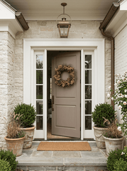 A front door painted in a muted taupe-brown color, shown slightly open on a stone porch with a dried floral wreath hanging on the door, potted plants on either side, and a hanging lantern above.