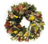H Potter fall wreath—preserved salal, dried wheat, yarrow, nigella, safflower, Ponderosa pine cones; indoor autumn décor.