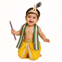 Krishna Dress for Baby Boy Kids Set of 10 Little Krishna Ji Kanha Janmasthmi Costume for Kids (IMC19000-YelGreen)