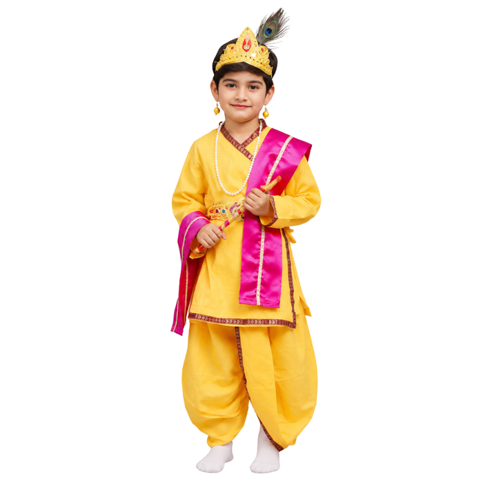 Krishna Dress for Kids Set of 9 Dhoti,Kurta,Mukut,Morpankh,Bansuri,Belt,Stole,Motimala,Kundal
