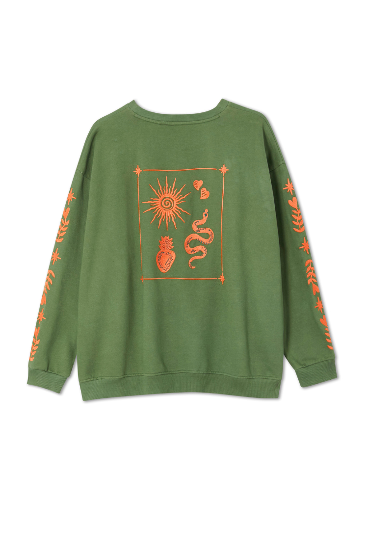 Khaki Sweatshirt with Orange Embroidery