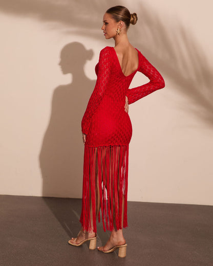 Secret Terrace Fringe Crochet Maxi Dress
