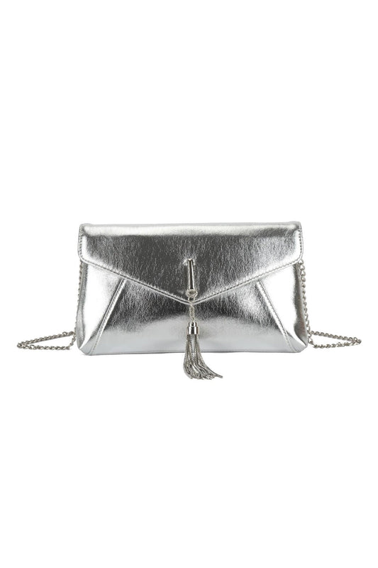 Helena Envelope Tassel Clutch Bag in Silver Metallic