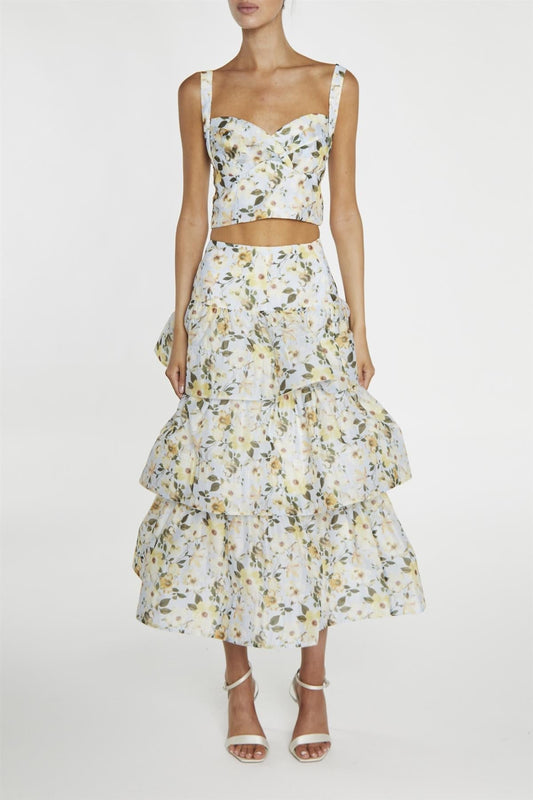 true Decadence Maisie Co-ord Pale-Blue Flower Organza Tiered Ruffle Midi-Skirt