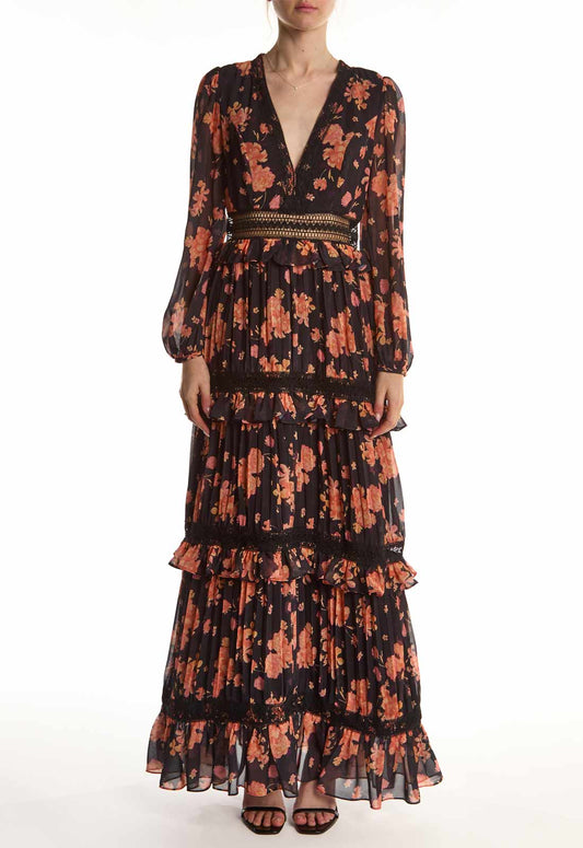 True Decadence Black Flower Chiffon V-neck Maxi Dress