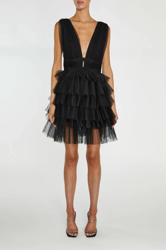True Decadence Elle Black Plunge-Front Tiered Tulle Mini-Dress