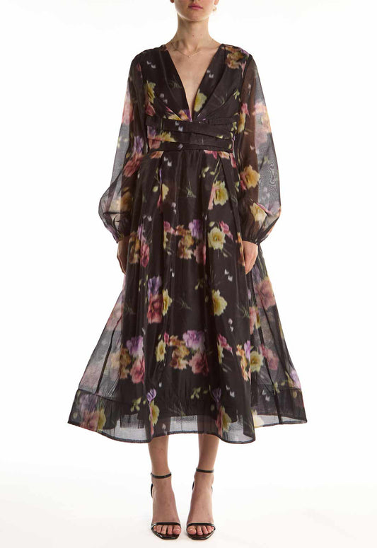 True Decadence Black Blur Flower Long-Sleeve V-Neck Midi Dress