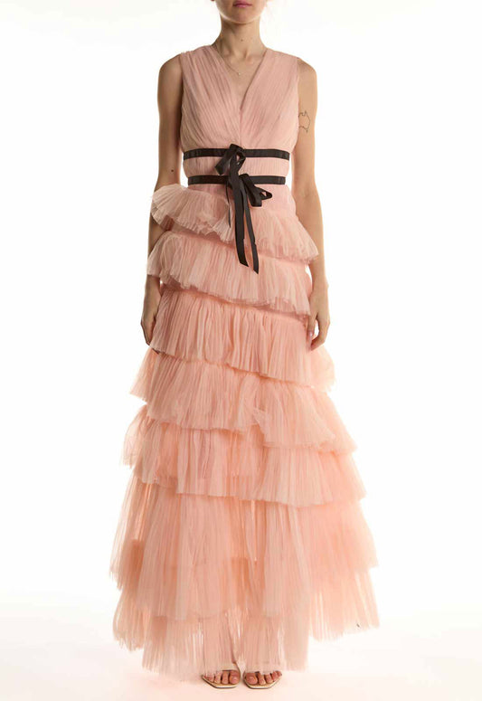True Decadence Peachy Pink Tiered Dropped Waist Maxi Dress