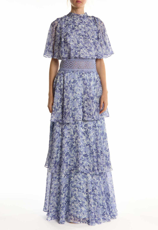 True Decadence Blue Folk Floral Ruffle Trim Maxi Dress