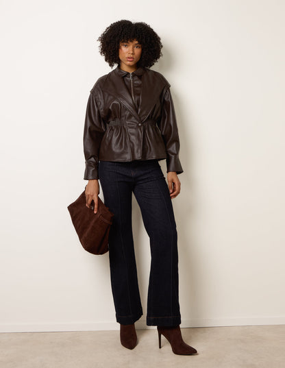 Collared Shirred Waist Faux Leather Jacket