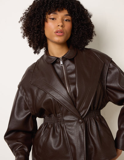 Collared Shirred Waist Faux Leather Jacket
