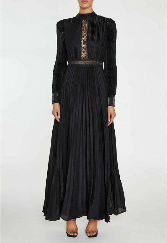 True Decadence Athena Black Pleated Long Sleeve Maxi-Dress