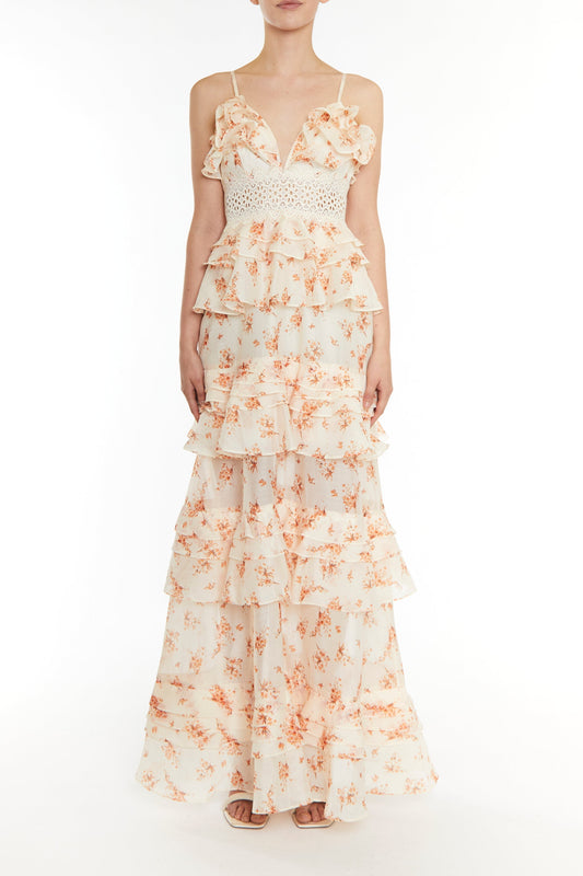 true Decadence Sophia Cream Orange Floral Plunge Front Tiered Ruffle Maxi-Dress