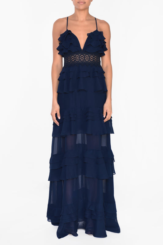 True Decadence Sophia Navy Tiered Ruffle Maxi Dress