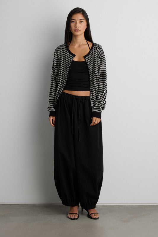 STRIPED ROUND NECK BUTTON UP CARDIGAN