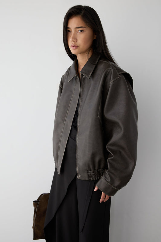 VINTAGE INSPIRED VEGAN LEATHER BOMBER JACKET