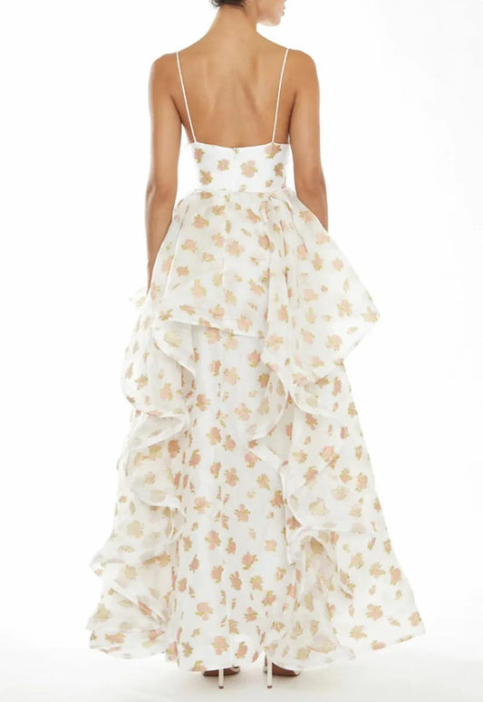 True Decadence Ingrid Peach-Floral Organza Layered Ruffle Strappy Maxi Dress