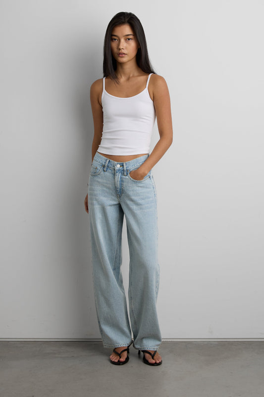 LINEN BLEND MID-RISE STRAIGHT LEG JEAN