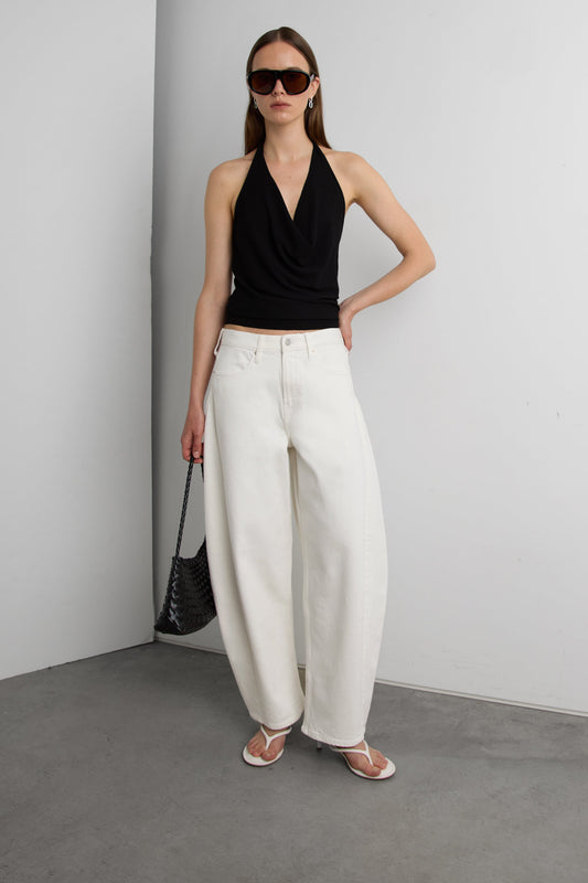 MID-RISE CURVED WAIST BARREL LEG PANT